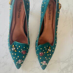 Russell & Bromley Kitten Heels – Green with Jeweled Insect Accent